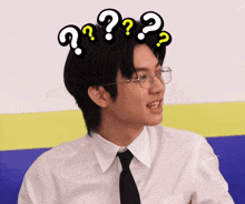 a man wearing glasses and a tie has a bunch of question marks on his head