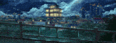 a painting of a city at night with a tower in the middle
