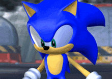 a close up of a blue and yellow sonic the hedgehog character