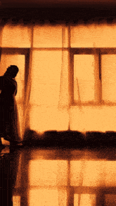 a silhouette of a woman standing in front of a large window
