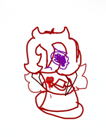 a drawing of a person with a purple eye and a red heart on their chest