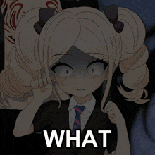 a girl in a suit and tie is making a funny face and the word what is above her