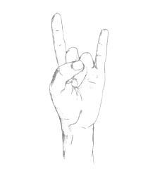 a black and white drawing of a hand making the horns sign