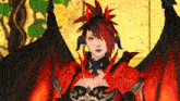 a woman with red hair and black wings is wearing a red and black outfit