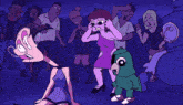 a cartoon drawing of a man laying on the ground in front of a crowd