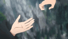 two hands are reaching out towards each other in a cartoon .