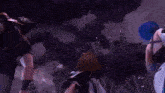 a group of anime characters standing next to each other in a dark room .