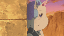 a cartoon of a unicorn peeking out from behind a stone wall