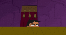 a cartoon of a man looking over a wall with a purple background