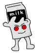 a cartoon drawing of a milk carton with red eyes and a face .