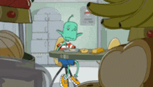 a cartoon character sitting at a table with a plate of food on it