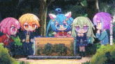a group of anime characters are standing around a wooden box with plants in it .