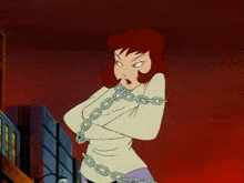 a woman in a straight jacket is chained to a staircase