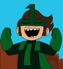 a cartoon character is wearing a green cape and mask with the number 1 on it