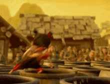 a group of people are standing around a row of pots in a cartoon .