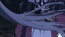a person holding a sword with a purple ribbon around their neck