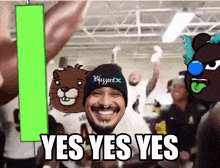 a man wearing a blizzard hat is surrounded by cartoon characters