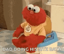 elmo is sitting on a potty with the words `` dad doing his sitz bath '' written on it .