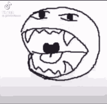 a black and white drawing of a smiley face with sharp teeth and a mouth open .