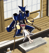 a cartoon drawing of a girl sitting on a chair next to a robot with a gun