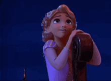 a cartoon girl with her eyes closed and a flower in her hair is holding a guitar