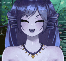 a girl with blue hair is smiling in front of a sign that says " elleelea "