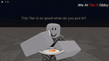 a roblox character is holding a plate with an egg on it