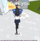 a girl in a school uniform is holding two buckets and says fuck you