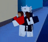 a roblox character is carrying a girl in a red blanket