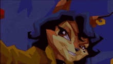 a close up of a cartoon character 's face with a blue sky in the background