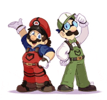 a couple of cartoon characters standing next to each other .