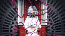 a girl in a white dress is sitting on a throne surrounded by red ribbons