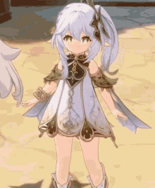 a girl with white hair and wings is standing on a sandy surface .