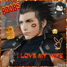 a picture of a man with a cigarette in his mouth and the words boobs i love my wife on it