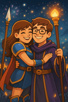 a cartoon illustration of a man and a woman hugging each other