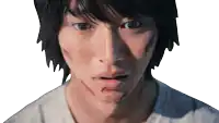 a close up of a man 's face with a white shirt
