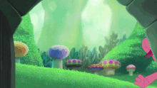 a cartoon drawing of mushrooms and trees