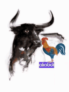 a bull and a rooster are standing next to each other with a sticker that says aliabdi