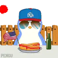 a penguin wearing a baseball cap and sunglasses is eating hot dogs