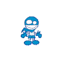 a blue and white cartoon character with a big smile on his face .