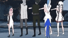 a group of cartoon characters are standing next to each other in a room .
