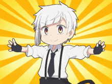 a cartoon character with white hair and suspenders is standing in front of a yellow background