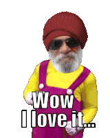 a man with a beard wearing a red hat and sunglasses is saying wow i love it