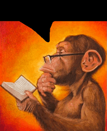 a monkey wearing glasses is holding a book