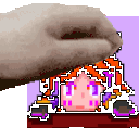 a hand is holding a pixel art of a girl 's face