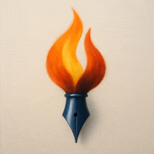 a drawing of a fountain pen with a flame on it