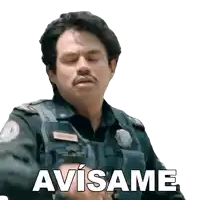 a man with a mustache is holding a gun and the word avisame is above him