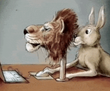 a cartoon drawing of a lion and a rabbit using a laptop