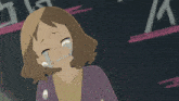 a cartoon girl is crying in front of a blackboard with the letter a written on it