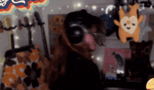 a blurred image of a person wearing headphones in a room with stuffed animals on the wall